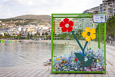 Recycling of plastic and metal bottles, Saranda, port city and seaside resort in Kakome Bay, Ionian Sea Coast, Southern Albania, Europe