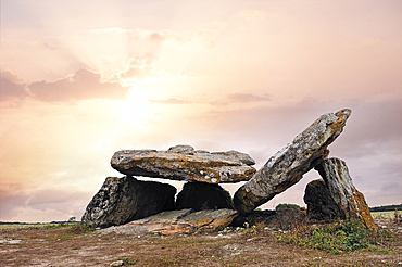 Megalithic Dolmen at sunrise, locality Le Carroir Bon Air, commune of Ligre, near Chinon and Richelieu,Indre-et-Loire department, Centre region,France, Europe