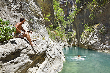 Bathing in the Vjosa (Vjose) River, Langarice Canyon, Albania, Europe