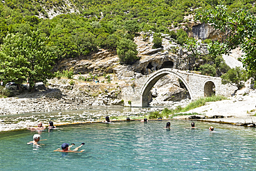 Ottoman Bridge and Hot Springs at the Langarice Canyon,  Vjosa (Vjose) River, Albania, Europe