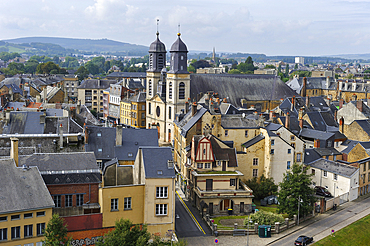 Church Saint-Charles-Borromee in the old city seen from the Chateau,one of the largest fortified medieval castle in Europe,Sedan,Ardennes department,Champagne-Ardenne region,France,Europe