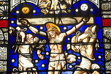 Stained glass in grisaille and coloured glass with stars in masterpiece,church of St Jean-au-Marche,Troyes,Aube department,Champagne-Ardenne region,France,Europe