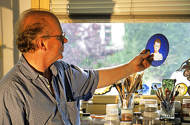 Alain Vinum, master glazier, in his workshop,Troyes,Aube department,Champagne-Ardenne region,France,Europe