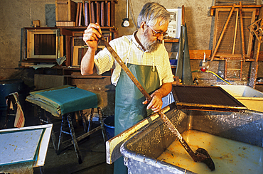 Preparation of the pulp,traditional paper-making,workshop of Mr Gouy,Fontenoy-la-Joute,one of the Book Towns, Meurthe-et-Moselle department,Lorraine region,France,Europe