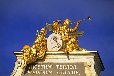 Acroterion with three gilded statues and a medaillion of Louis XV,Triumphal Arch by Here,Place Stanislas,Nancy,Meurthe-et-Moselle department,Lorraine region,France,Europe