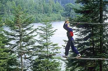 Tree climbing on the lakeshore of Pierre-Percee,Meurthe-et-Moselle department,Lorraine region,France,Europe