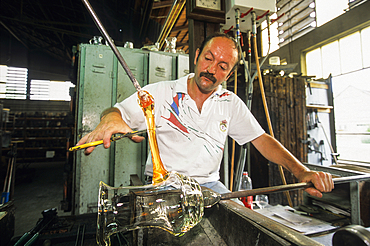 Crystal carafe manufacturing,adding handle,Hartzviller Crystalworks,Moselle department,Lorraine region,France,Europe