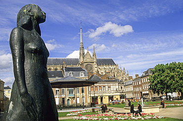 The Dancer, sculpture by Bernhard Hoetger, J Bocquet public garden with the Cathedral of Our Lady in background,Somme department,Picardy region,France,Europe