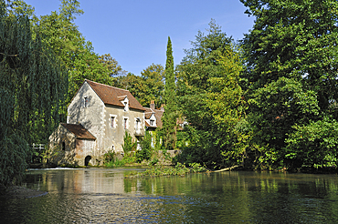 Water mill on the Huisne River bank at Dorceau,Orne department,Lower Normandy region,France,Western Europe
