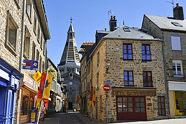 Main street of the medieval city with Saint-Julien Church of Domfront, department of Orne, Normandie region, France, Europe