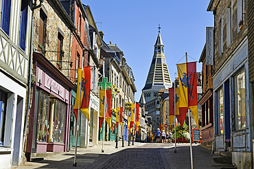 Main street of the medieval city with Saint-Julien Church of Domfront, department of Orne, Normandie region, France, Europe