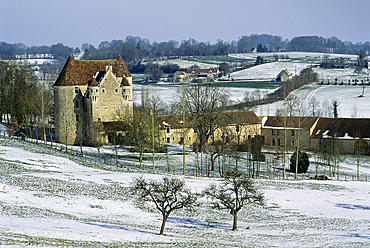 Manoir de Courboyer in the snow, Visitors Centre of the Regional Natural Park of Perche,Orne department,Lower Normandy region,France,Western Europe