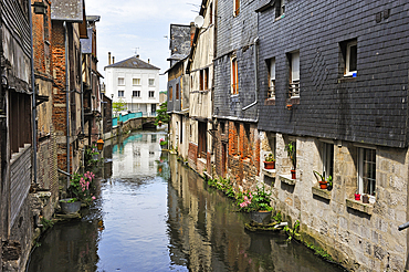 La Risle channeled river in the center of Pont-Audemer, Eure department, Normandy region, France, Europe