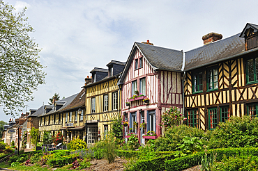 Half-timbered houses along the main street of Bec-Hellouin, labelled Les Plus Beaux Villages de France, Eure department, Normandie region, France, Europe