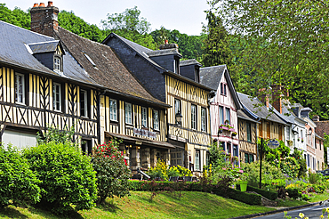Half-timbered houses along the main street of Bec-Hellouin, labelled Les Plus Beaux Villages de France, Eure department, Normandie region, France, Europe