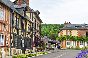 Half-timbered house along the Abbe Herluin Square at Bec-Hellouin, labelled Les Plus Beaux Villages de France, Eure department, Normandie region, France, Europe