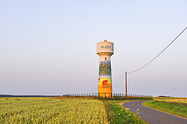 Painted water tower in field around Blevy,Eure et Loir department,Centre region,Northwestern France,Western Europe