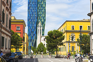 Bell tower of the Albanian Orthodox Resurrection Cathedral, in the Ministerial District near Skanderbeg Square (Sheshi Skeenderbej), Tirana Centre, Albania, Europe