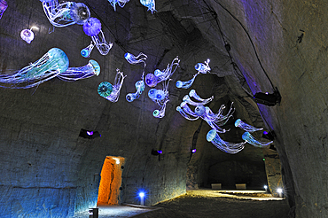 Scenography of troglodytic cellars, by Lucie Lom workshop, in Les Perrieres site at Doue-la-Fontaine,Maine-et-Loire department, Pays de la Loire region, France, Europe