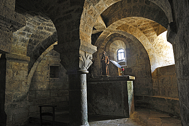 Crypt of Saint Namphaise (12th century), Church of Saint-Martin at Caniac-du-Causse, Regional Park of Causses du Quercy, Lot department, region of Midi-Pyrenees, Occitanie, southwest of France, Europe
