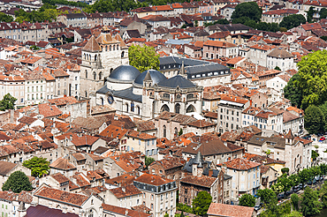 City of Cahors, with the Roman Catholic cathedral Saint-Étienne, world heritage of unesco viewed from the viewpoint at Mont Saint Cyr, Lot department, region of Midi-Pyrenees, Occitanie, southwest of France, Europe