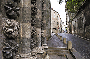 Sculpture on doorpost of the north portal of the Cathedral Saint-Etienne, Cahors, Lot department, region of Midi-Pyrenees, Occitanie, southwest of France, Europe
