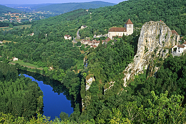 Church of Saint-Cirq-Lapopie overlooking the Lot River valley,Lot department,Midi-Pyrenees region, Occitanie, France, Europe
