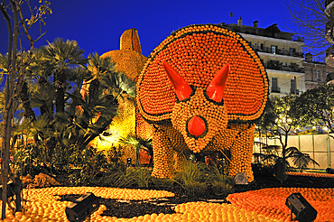 During the festival Fete du Citron,huge sculptures covered with citrus fruits are shown in the Bioves Garden , Menton,French Riviera,Alpes-Maritimes(Maritime Alps) department, Provence-Alpes-Cote d'Azur region, France