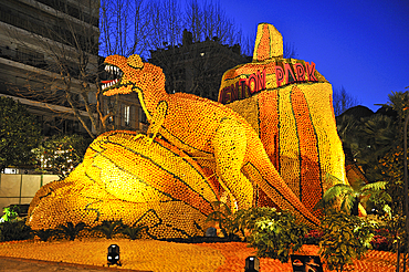 During the festival Fete du Citron,huge sculptures covered with citrus fruits are shown in the Bioves Garden , Menton,French Riviera,Alpes-Maritimes(Maritime Alps) department, Provence-Alpes-Cote d'Azur region, France