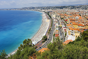 Overview of the Vieux-Nice and the Baie des Anges from a Castle's terrace, Nice,Alpes-Maritimes department,Provence-Alpes-Cote d'Azur region,southeast of France,Europe.