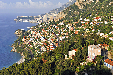 The coast viewed from the old perched village of Roquebrune-Cap-Martin.Alpes-Maritimes department,Provence-Alpes-Cote d'Azur region,southeast of France,Europe.