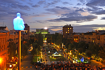 Night view of the Tamanyan from the monumental stairway and garden Cascade with a work by Jaume Plensa in the foreground, Yerevan, Armenia, Eurasia