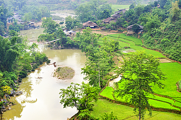 Hamlet among paddy-fields on the Nho Que river bank, around Bao Lac, Cao Bang province, Northern Vietnam, Southeast Asia
