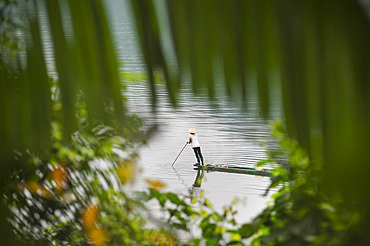 Fisherwoman with a dugout canoe on Ba Be Lake, Bac Kan province, Northern Vietnam, Southeast Asia