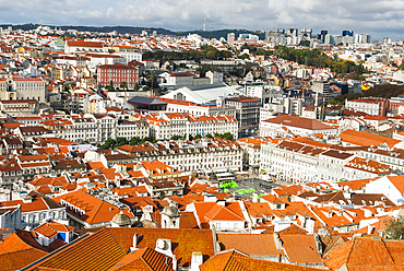 Overview on the Baixa and Chiado district from the Sao Jorge Castle, Lisbon, Portugal, Europe