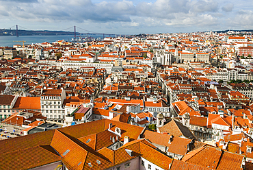 Overview on the Baixa and Chiado district from the Sao Jorge Castle with the Tage river in the background, Lisbon, Portugal, Europe