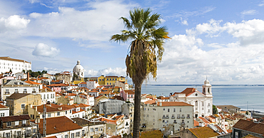 Overview of Alfama district from the belvedere Portas do Sol, Lisbon, Portugal, Europe