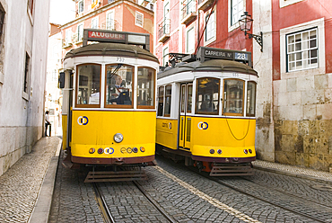 Tramway in Limoeiro street above Alfama district, Lisbon, Portugal, Europe