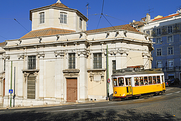 Tram n°28 in Alfama district, Lisbon, Portugal, Europe
