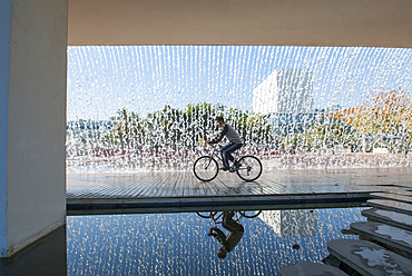 Waterfall at the Parque das Nacoes ( Park of the Nations) a leisure, commercial, and residential area was the location for the Expo '98 World Exhibition in Lisbon, Portugal, Europe
