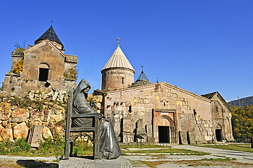 Statue of Mkhitar Gosh, 1130-1213, writer, thinker, priest, founder of Goshavank Monastery, Gosh village, Dilijan National Park, Tavush region, Armenia, Eurasia