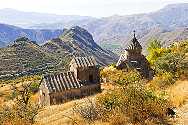 Tsakhats Kar Monastery with the Smbataberd fortress in the background, near Yeghegnadzor, Vayots Dzor province, Armenia, Eurasia