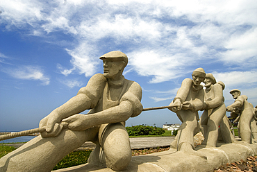 Monument for the glory of fishermen, harbor of Etang-du-Nord, Cap aux Meules island, Magdalen Islands, Gulf of Saint Lawrence, Quebec province, Canada, North America