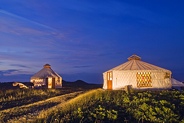 Yurt encampment, Vert et Mer, Ile du Havre aux Maisons, Magdalen Islands, Gulf of Saint Lawrence, Quebec province, Canada, North America