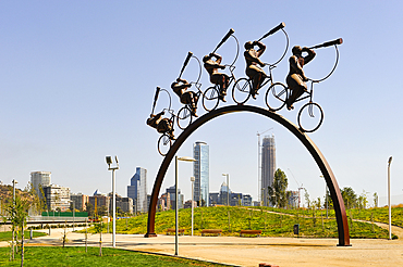 La Busqueda, sculpture by Hernan Puelma, on the promenade along the Mapocho River, with the smart and financial district nicknamed Sanhattan in the background, portmanteau word of Santiago and Manhattan, Santiago, Chile, South America