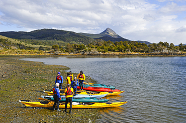 Kayak, Wulaia Bay, Navarino island, Tierra del Fuego, Patagonia, Chile, South America