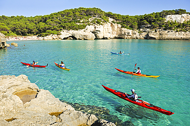 Kayak in Mitjana creek near Cala Galdana, South Coast of Menorca, Balearic Islands, Spain, Mediterranean, Europe