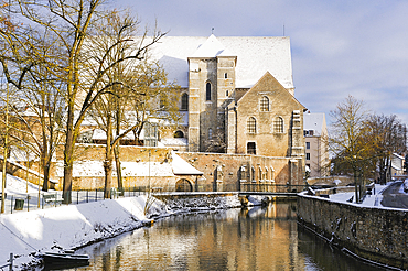 Collegiate Church of St. Andre on the Eure River bank in winter, Chartres, Eure-et-Loir department, Centre-Val-de-Loire region, France, Europe