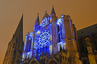 Illumination on the south facade of the Cathedral of Chartres, UNESCO World Heritage Site, Chartres, Eure-et-Loir department, Centre region, France, Europe