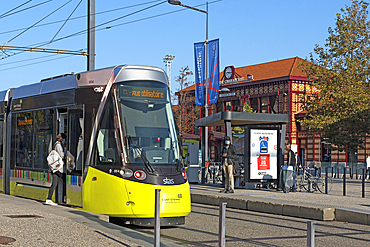 Tram stop in front of the Saint-Etienne-Chateaucreux railway station, Saint-Etienne, Loire department, Auvergne-Rhone-Alpes region, France, Europe